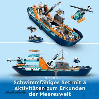 LEGO City Arktis-Forschungsschiff, großes schwimmfähiges Spielzeug-Boot mit Hubschrauber, Beiboot, ROV-U-Boot, Wikingerschiffswrack, 7 Minifiguren & Orca-Figur, Geschenk für Kinder ab 7 Jahren 60368