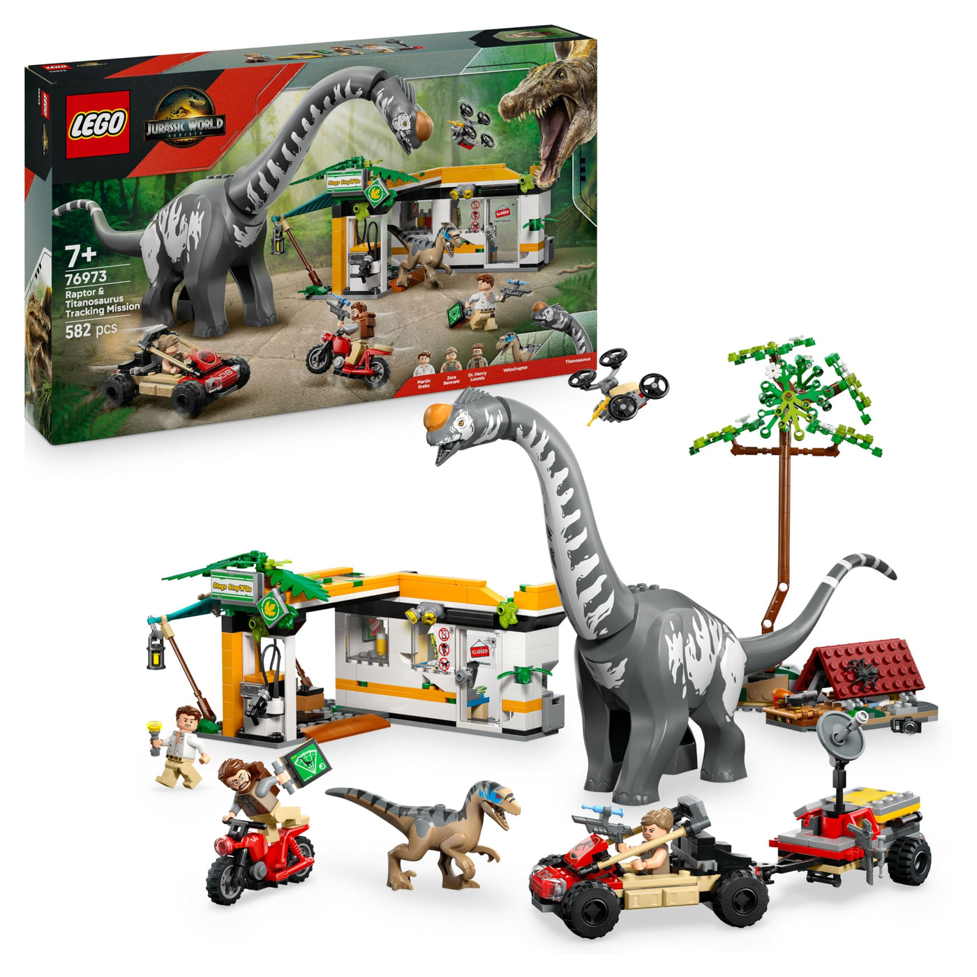 LEGO Jurassic World Raptor & Titanosaurus: Große Fährtensuche – 2 Spielzeug Dinosaurier Figuren, EIN Geländewagen, EIN Motorrad und 3 Minifiguren – Geschenk für Jungen und Mädchen ab 7 Jahren – 76973