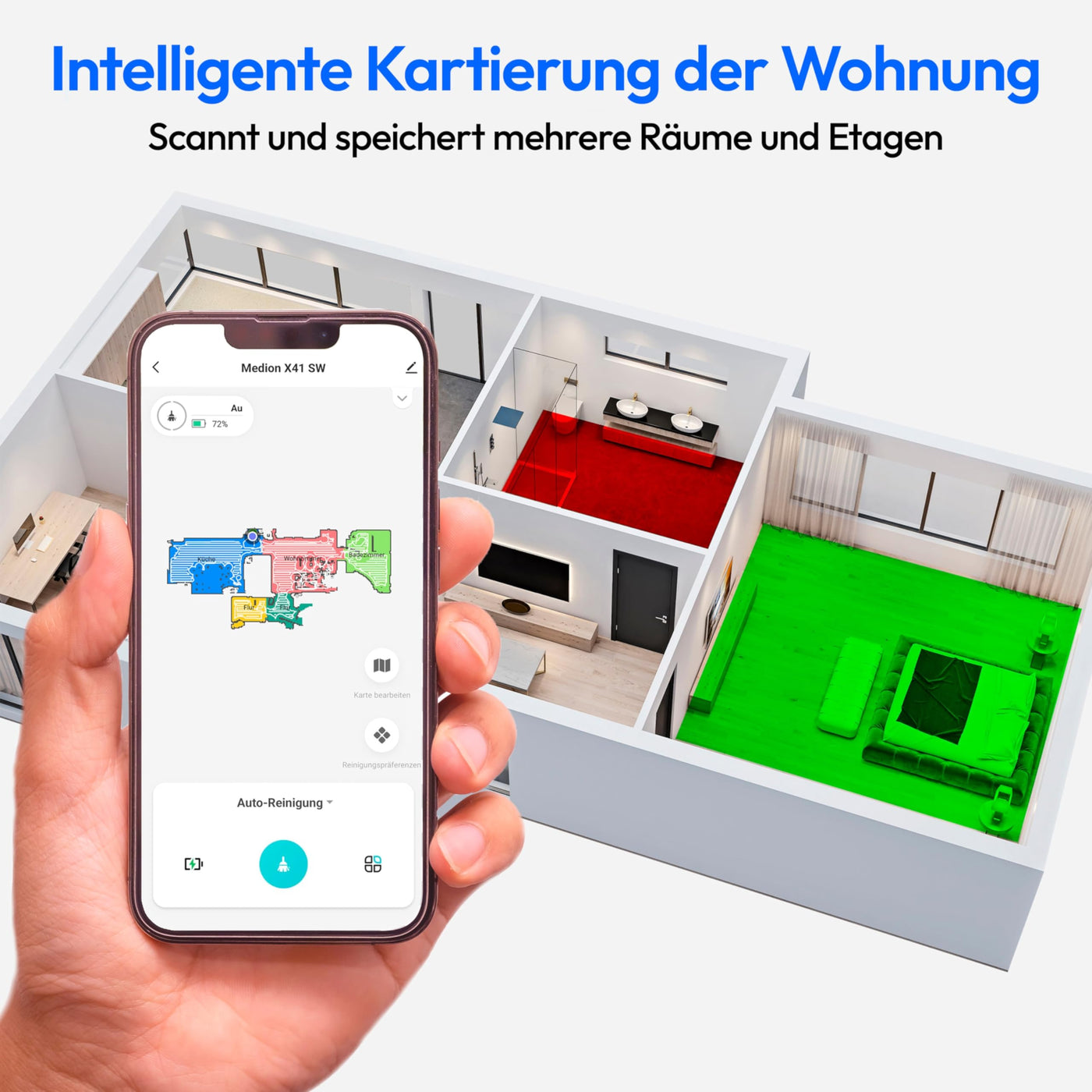 MEDION Saugroboter mit Absaugstation, Lasernavigation und Wischfunktion X41 SW+ (Starke 8000Pa Saugkraft, 2in1 Roboterstaubsauger, präzise Kartenerstellung, Go & No Go Bereiche, mehrere Etagen)