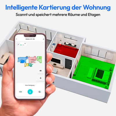 MEDION Saugroboter mit Absaugstation, Lasernavigation und Wischfunktion X41 SW+ (Starke 8000Pa Saugkraft, 2in1 Roboterstaubsauger, präzise Kartenerstellung, Go & No Go Bereiche, mehrere Etagen)