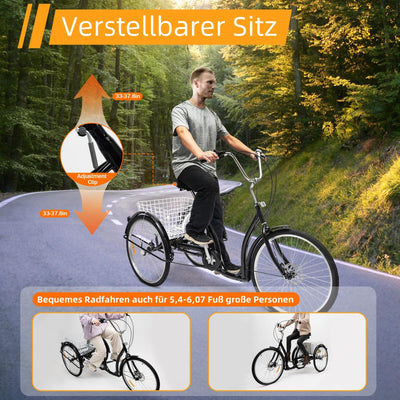 Konfiur Dreirad für Erwachsene, 26 Zoll 6 Gang Lastenfahrrad, Modern 3 Räder Fahrrad Erwachsene mit Einkaufskorb, City Einkauffahrrad Bike, 3 Räder Dreirad für Outdoor-Aktivitäten (Schwarz)