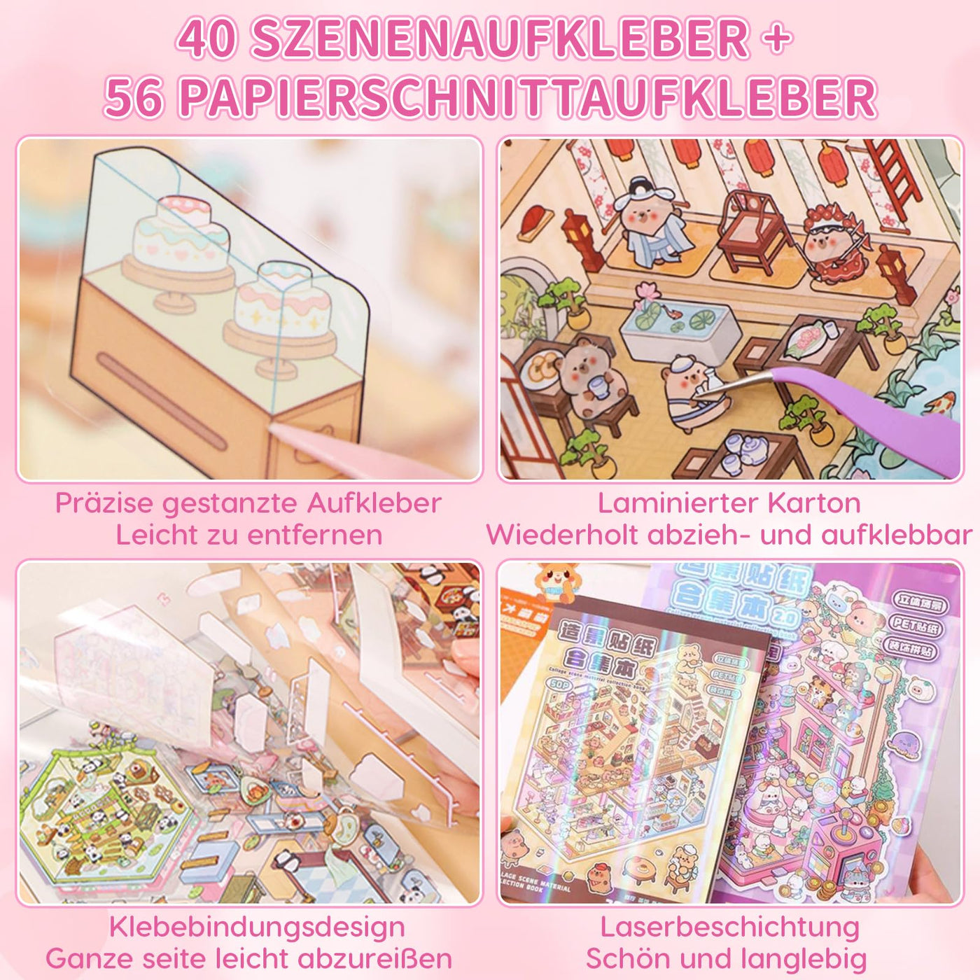 40 Stück 3D House Stickers Scene Set, Stickerbuch Wiederverwendbar, Sticker Therapy, DIY-Aufkleber für Basteln, with 56 PET Sticker, 40 Mminiatur Haus, 2 Pinzette, Relief Stress für Erwachsene Kinder