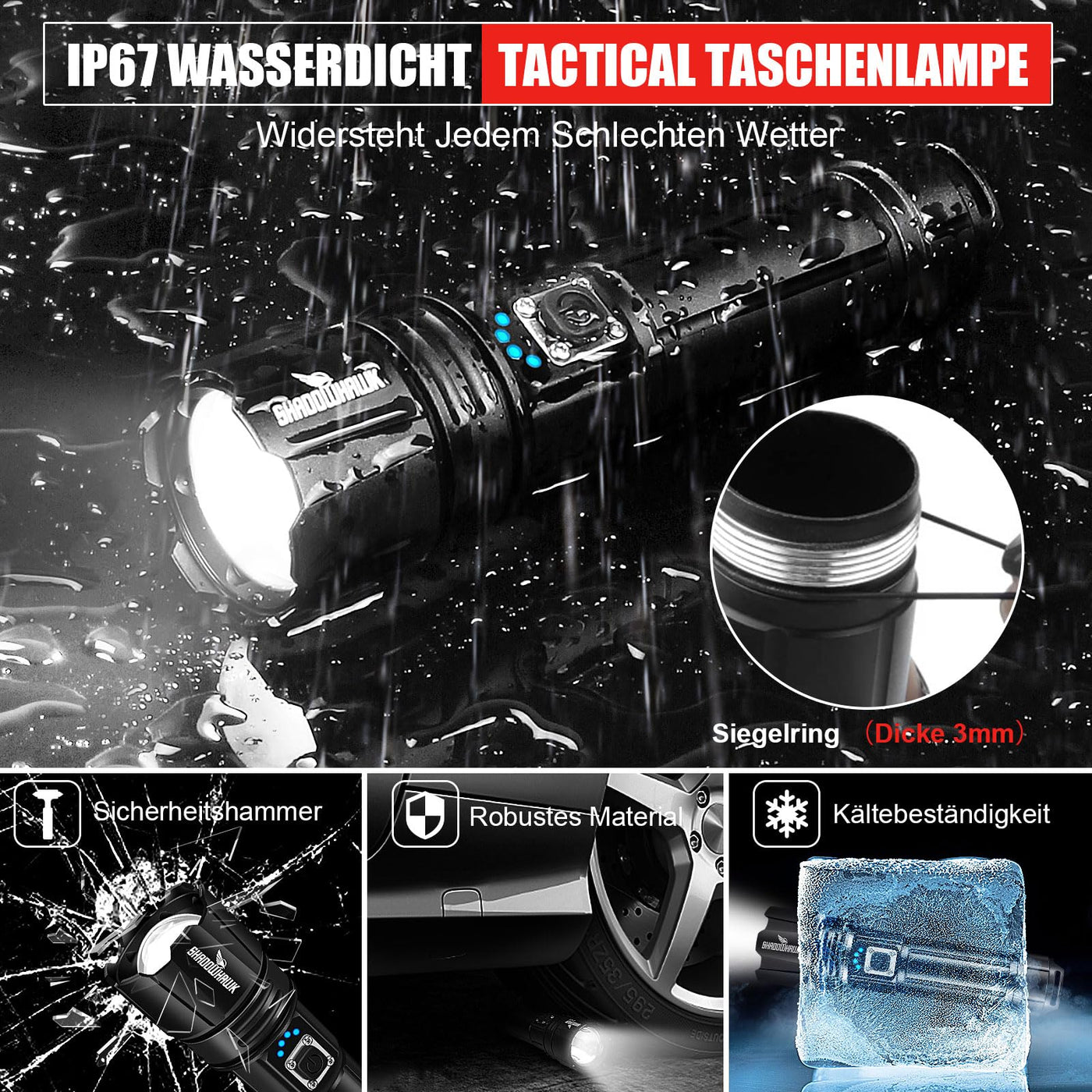 Shadowhawk Taschenlampe Led 500000 Lumen, Extrem Hell Taschenlampe USB Aufladbar Taktische Taschenlampen Mit holster XHP70.2, IP67 Wasserdicht 5 Lichtmodi für Camping Wandern Notfälle