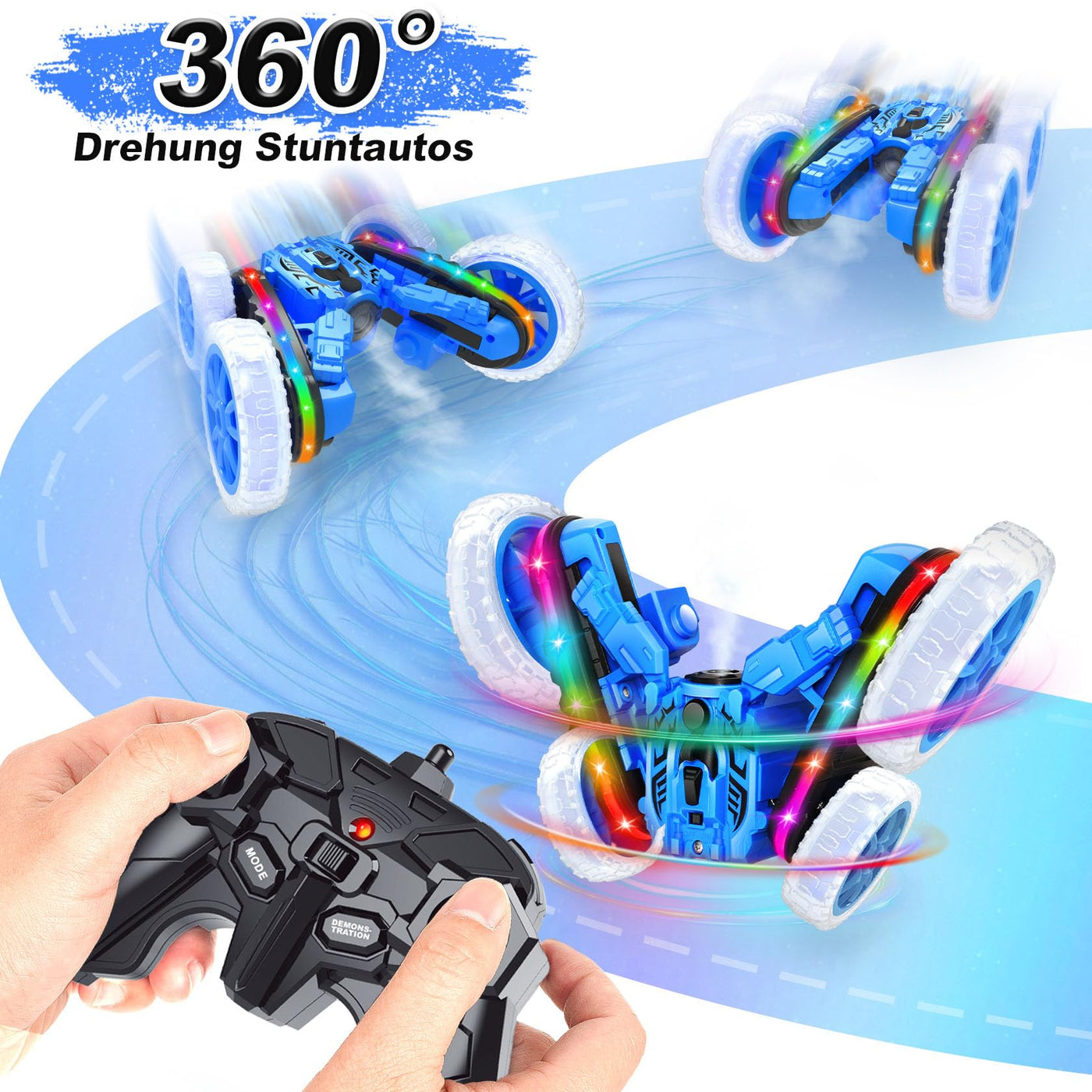 MidiVix Ferngesteuertes Auto, 360°rotierende 4WD RC Autos mit Seitenlichtern und Scheinwerfern, 2.4Ghz Doppelseitig RC Stunt Car mit Spray, RC Drift Spielzeugauto und Geschenke für Kinder (Blau)