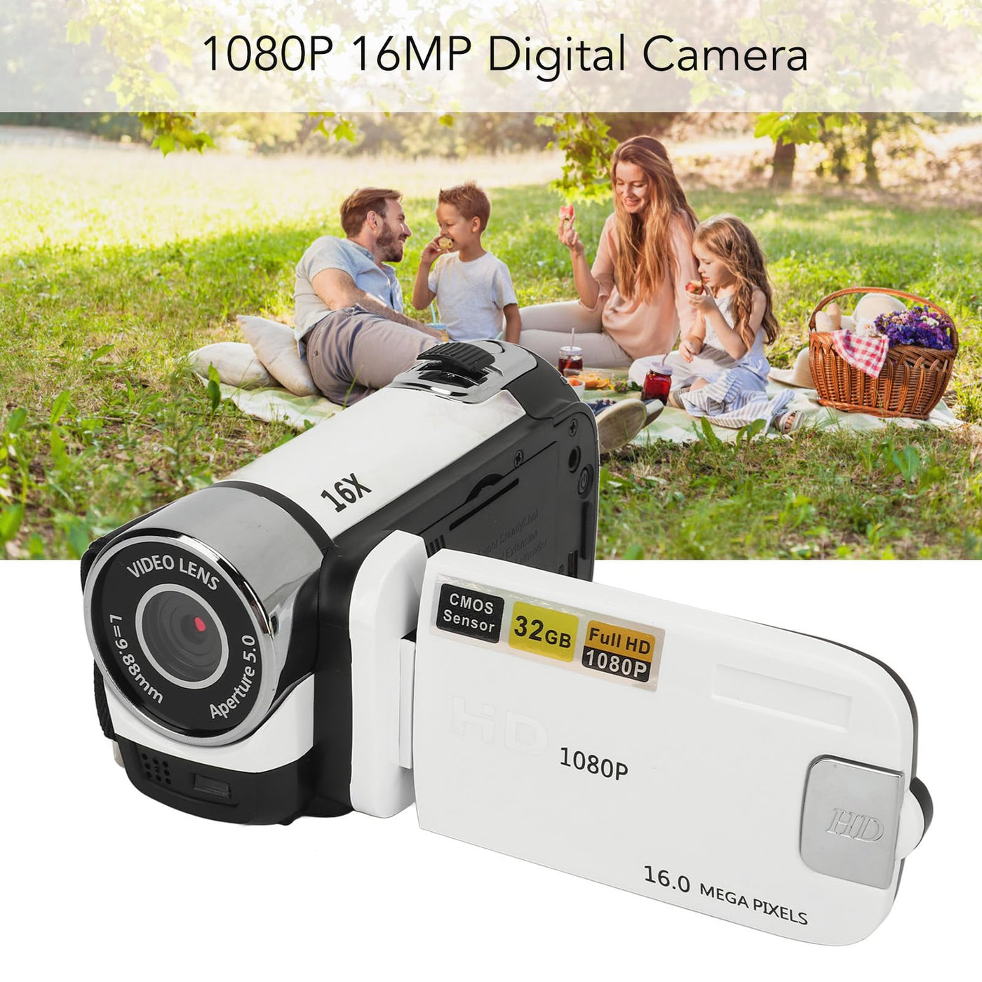 ASHATA D90 Videokamera Camcorder, 1080P 16 MP Digitalkamera Recorder, 2,4 Zoll Drehbarer Bildschirm, 16 facher Digitalzoom Camcorder Kamera mit Fülllicht (White)