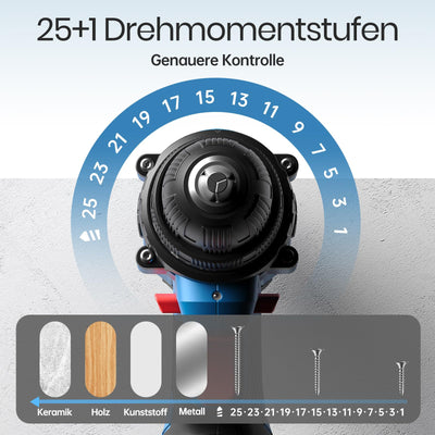 Akkuschrauber, 12V Akku Bohrschrauber Set, 25+1 Akkubohrer 25Nm Drehmoment Max mit 2000mAh Akku, 24tlg Zubehör und Tragetasche, 10mm Bohrfutter, 2-Gang, LED-Licht, Klein Akku Schrauber