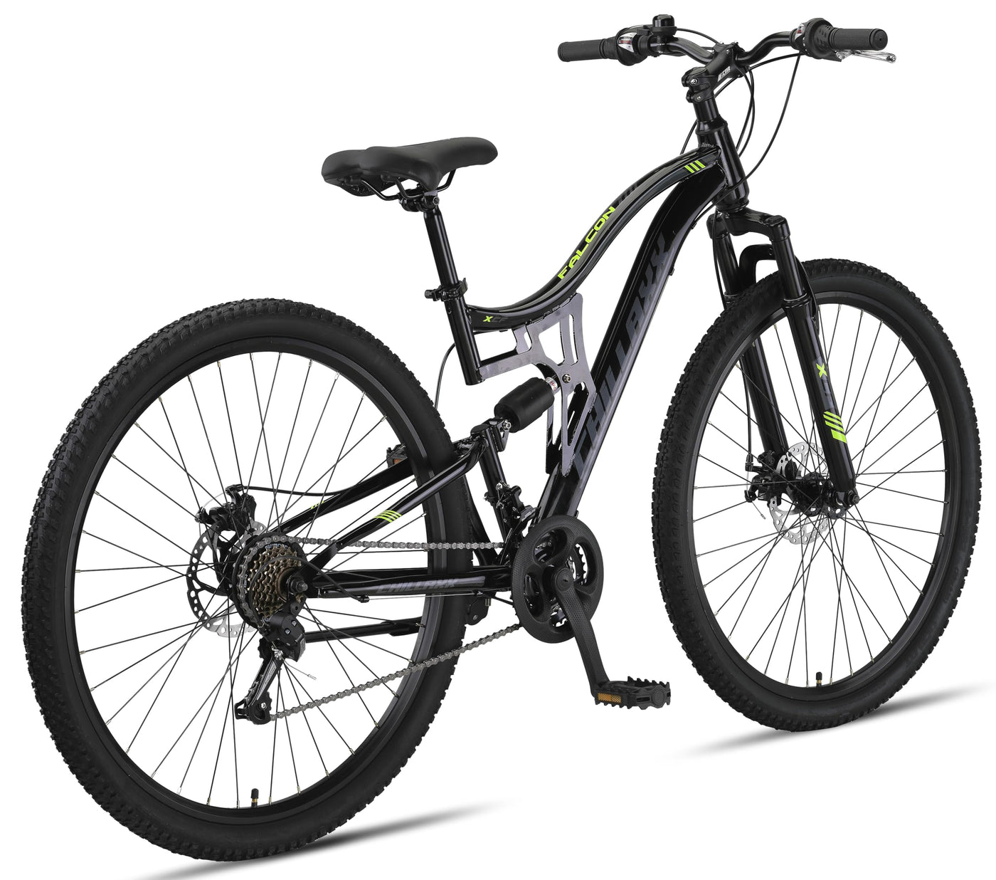 Chillaxx Bike Falcon Premium Mountainbike in 24 und 26 Zoll - Fahrrad für Jungen, Mädchen, Damen und Herren - Scheibenbremse- 21 Gang-Schaltung - Vollfederung (Schwarz-Disc-Bremse, 29 Zoll)