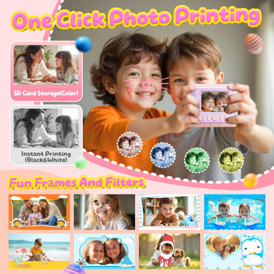 CalineGam Kinderkamera Sofortbildkamera, 1080P HD Sofortbildkamera Kinder mit 32GB Karte, 2,4 Zoll Digitalkamera Kinder, Kinderspielzeug Geschenke für Jungen und Mädchen 3-12 Jahre (Rosa)