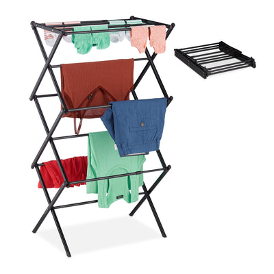 Relaxdays Wäscheständer klappbar, 11 Stangen auf 6 Ebenen, HBT: 105x73x37 cm, ausziehbarer Wäscheturm, Metall, schwarz