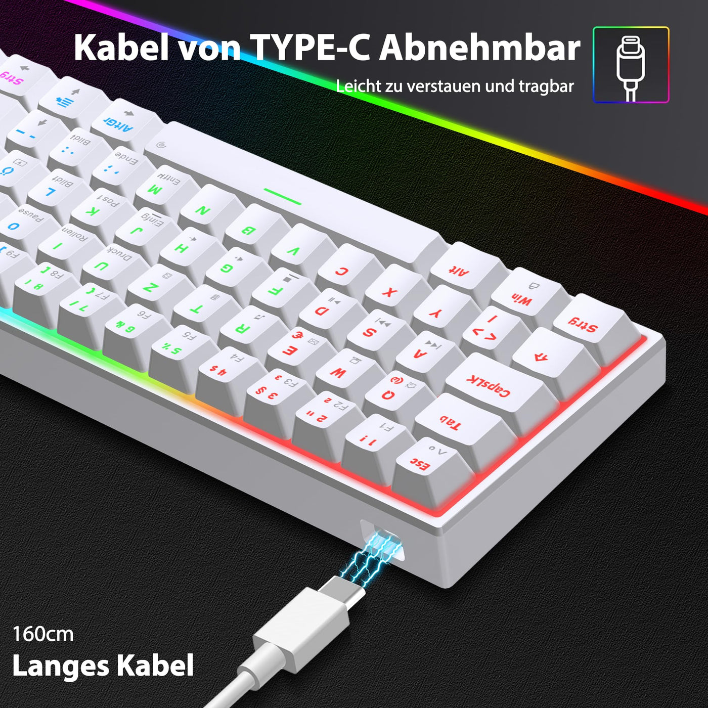 Snpurdiri 60% kabelgebundene mechanische Gaming-Tastatur, 62 Anti-Ghosting-Tasten, Blaue LED-Hintergrundbeleuchtung, ultrakompakte Zwei Stände (Rot Schalter/62 Weiß)