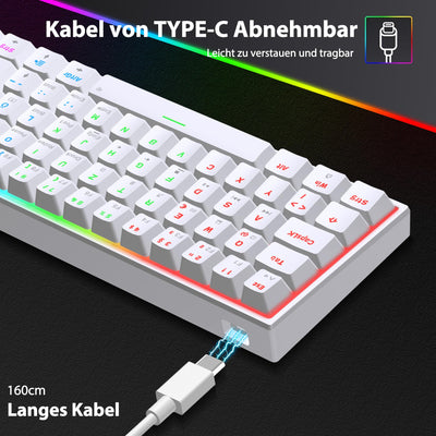 Snpurdiri 60% kabelgebundene mechanische Gaming-Tastatur, 62 Anti-Ghosting-Tasten, Blaue LED-Hintergrundbeleuchtung, ultrakompakte Zwei Stände (Rot Schalter/62 Weiß)