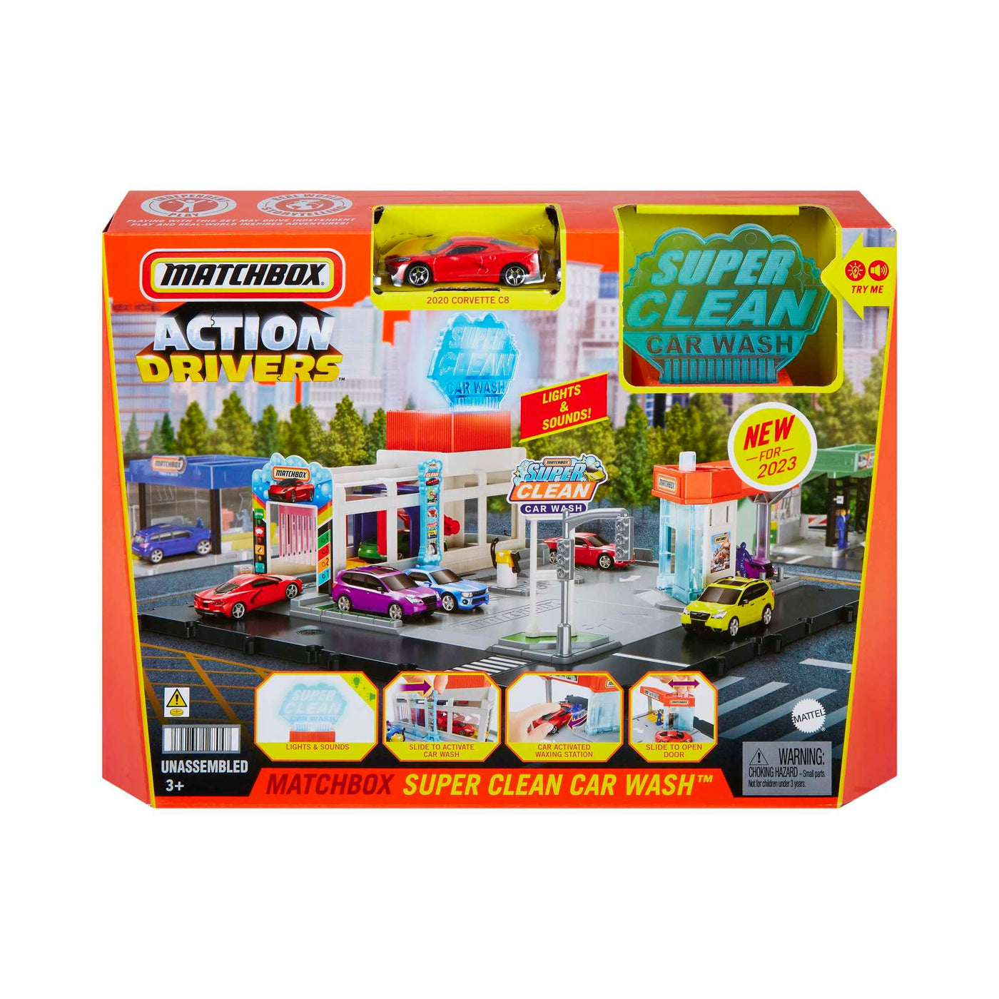 Matchbox Super Clean Autowaschanlage - erweiterbares Spielset mit spannenden Details, inklusive 1 Auto, Staubsauber und Supermarkt, HNJ54