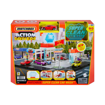 Matchbox Super Clean Autowaschanlage - erweiterbares Spielset mit spannenden Details, inklusive 1 Auto, Staubsauber und Supermarkt, HNJ54