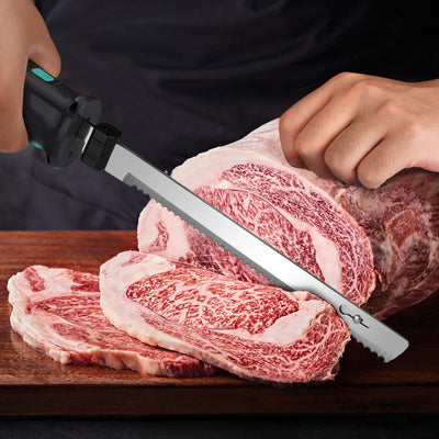 HAUSHOF Elektromesser, Kabelloses Küchenmesser mit 2 Edelstahlklingen, Elektrisches Messer mit Gabel, 2000 mAh Akku für Präzises Schneiden von Brot, Fleisch und Käse, mit Aufbewahrungsbox, Grau