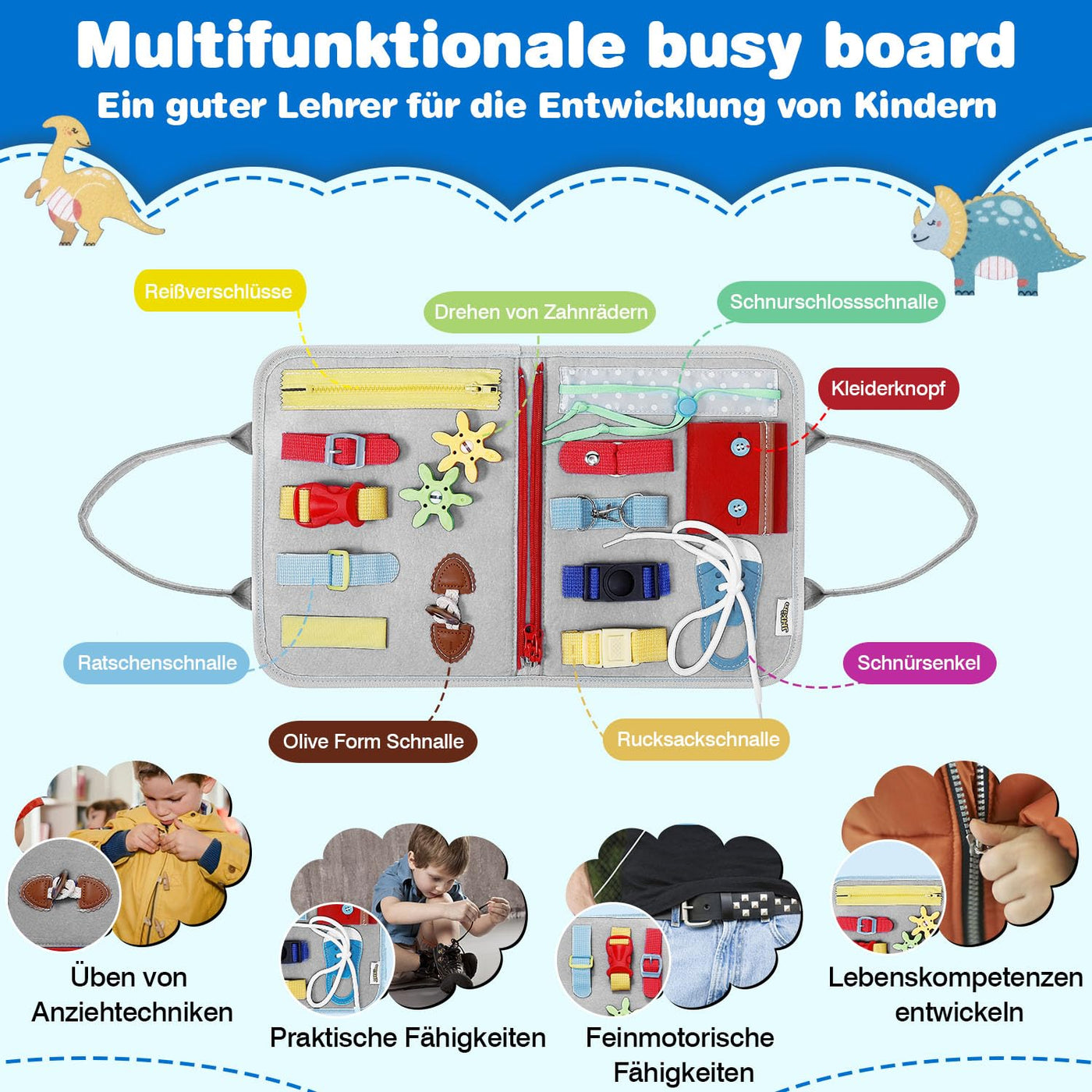 JHkim Montessori Busy Board Deutsch, Kinder Spielzeug ab 1 2 3 4 Jahre, Activity Board, Geschenke für Junge Mädchen, Kinder Sensorik Lernspielzeug, Motorikbrett für Reise Auto Flugzeug