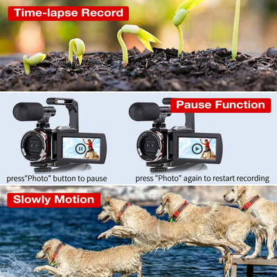 Videokamera 4K 64MP Camcorder Vlogging Kamera für YouTube,21X Digital Zoom, 3" 270° Drehbarer Screen Video Vlogging Dual Camera mit 64GB Karte, Mikrofon, Stabilisator, Fernbedienung,2 Batterien