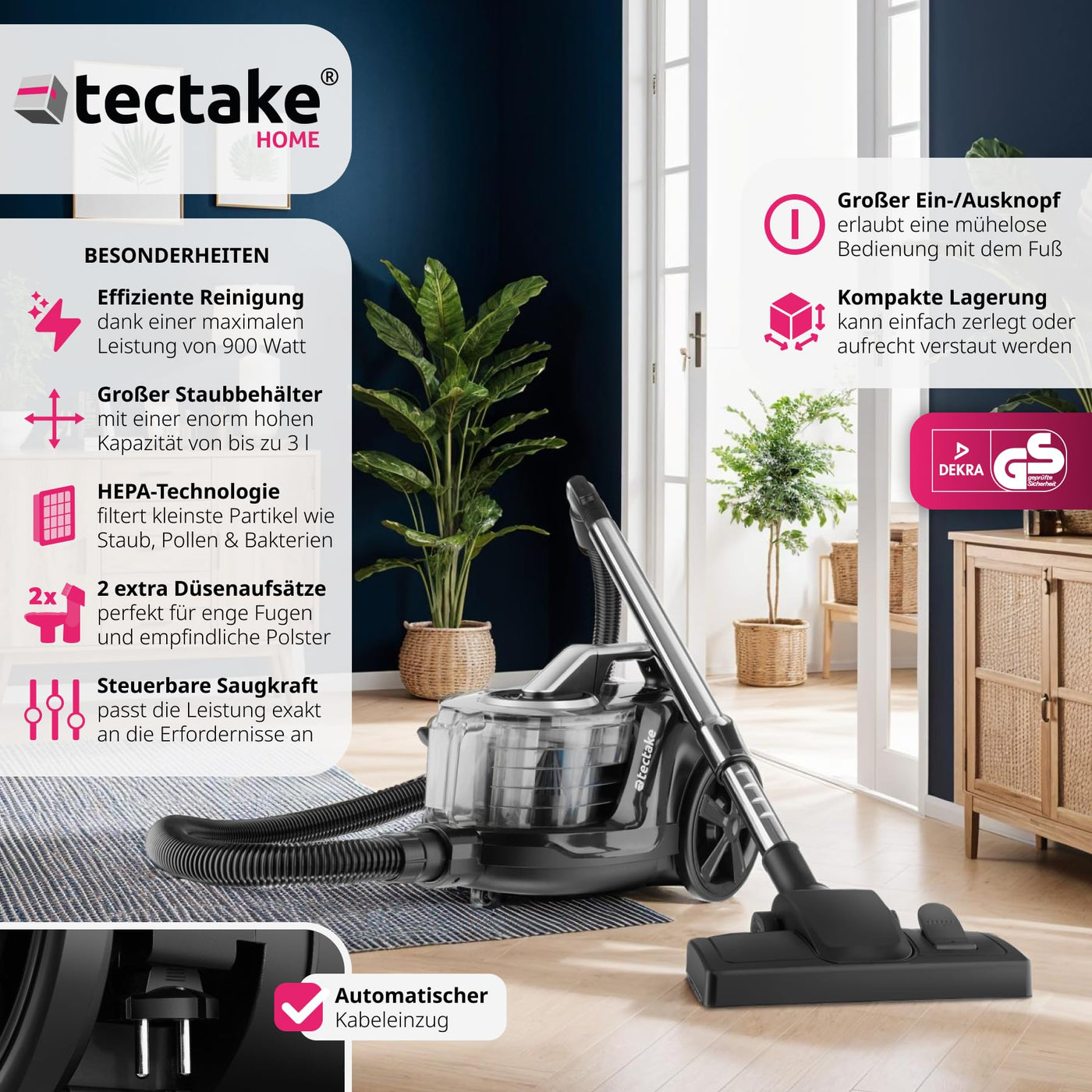 tectake® Staubsauger beutellos, VC900, 900 W, stark, beutelloser Bodenstaubsauger mit Kabel, für Tierhaare, Easy clean ohne Beutel für Teppichboden und Hartboden