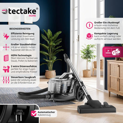 tectake® Staubsauger beutellos, VC900, 900 W, stark, beutelloser Bodenstaubsauger mit Kabel, für Tierhaare, Easy clean ohne Beutel für Teppichboden und Hartboden
