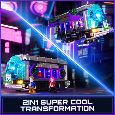 FUNWHOLE Cyberpunk Zukünftiger Bus mit LED-Beleuchtung – 2-in-1 Modell mit Licht, 605 Teile für Sci-Fi-Fans und Erwachsene, Perfekte Cyberpunk-Stadt-Deko
