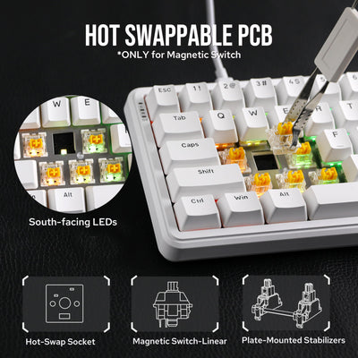 MechLands AK680 MAX Wired Gaming Keyboard mit Hall-Effekt Schalter, Rapid Trigger Magnetic Keyboard, Mechanische Tastatur mit 8K Polling Rate, Top Struktur, RGB (Weiß)