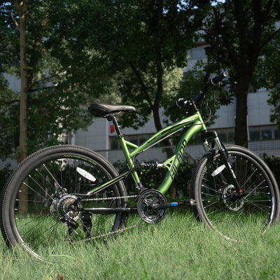 Hiland 26 Zoll Vollfederung Herren Mountainbike, 21 Gang, Mountainbike für Männer Frauen, Doppelscheibenbremse Fahrrad für Männer Frauen Erwachsene Fahrrad Grün