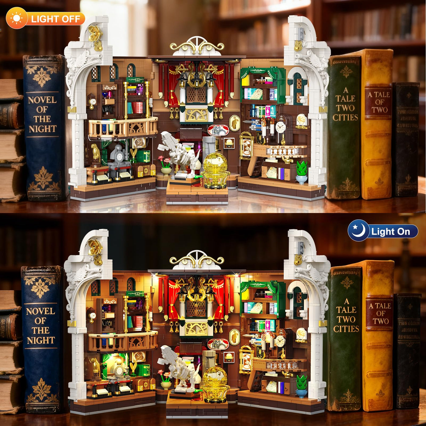 INSOON Dinosauriermuseum Book Nook Bauspielzeugset mit Licht, DIY Booknook Klemmbausteine Baustein Set Haus Dekor, 1500 Stück Miniatur Haus Bauset Geschenk für Erwachsene Kinder Mädchen Jungen 12+