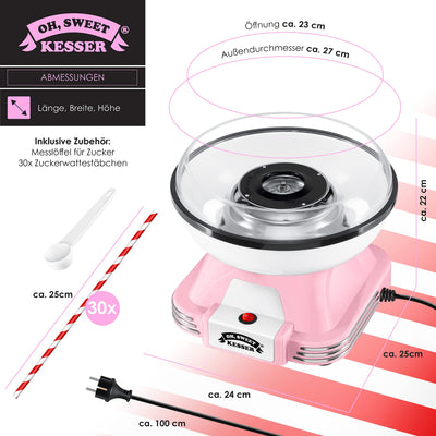KESSER® Zuckerwattemaschine Set für Dein zuhause - Mit 30x Zuckerwatte Stäbchen & Messlöffel - Retro Cotton Candy Maschine - Zuckerwatte Maschine Mit Zubehör - Höhe 22 cm - 500 W Rosa Weiß