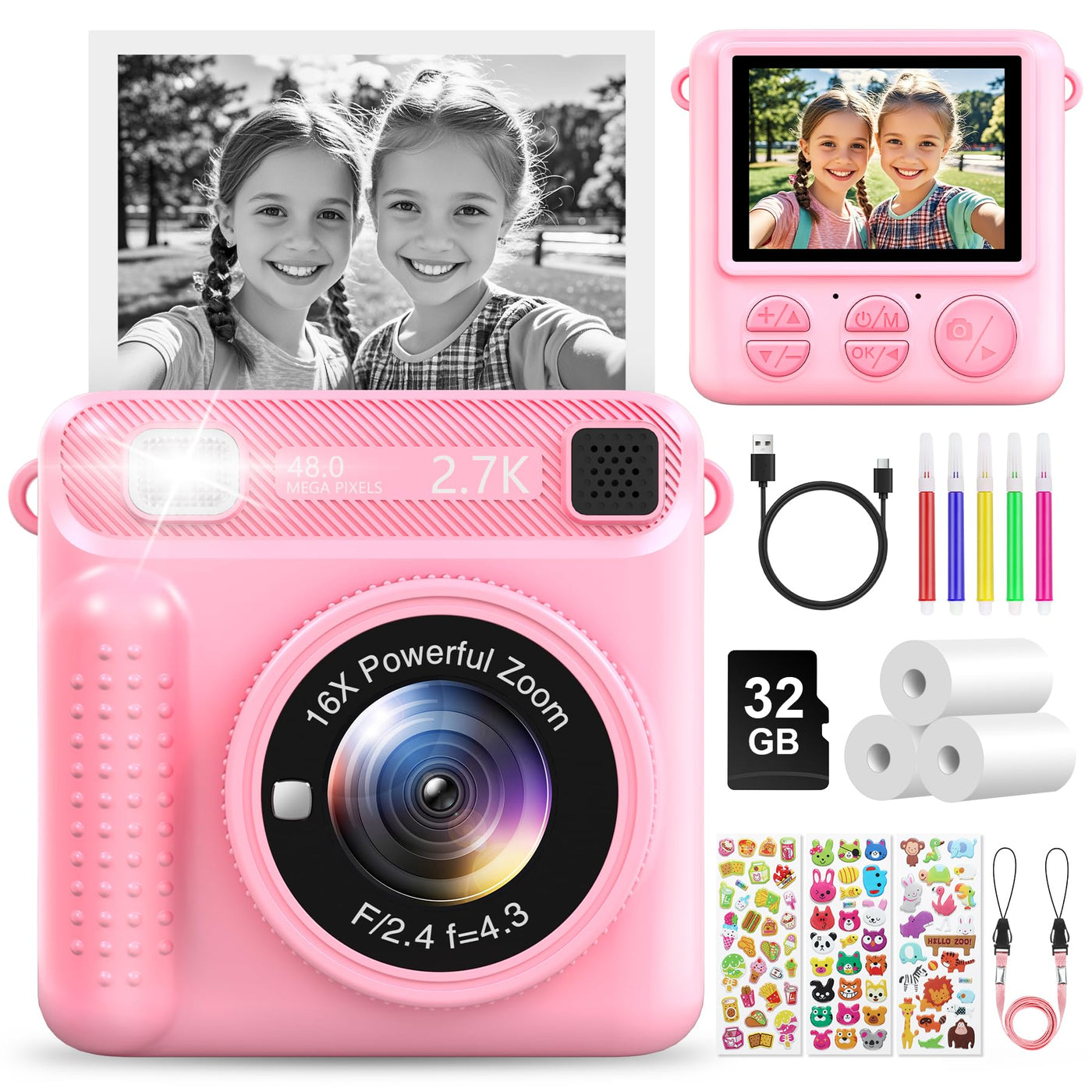 LUVTOY Sofortbildkamera Kinderkamera – 1080P 2,4 Zoll Bildschirm Kinderkamera Mit 32GB Karte & Druckpapier, Kinder Kamera Weihnachten Geschenk Für Jungen Mädchen 3-12 Jahren-Rosa