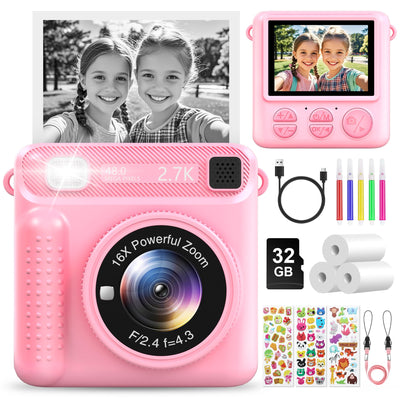 LUVTOY Sofortbildkamera Kinderkamera – 1080P 2,4 Zoll Bildschirm Kinderkamera Mit 32GB Karte & Druckpapier, Kinder Kamera Weihnachten Geschenk Für Jungen Mädchen 3-12 Jahren-Rosa