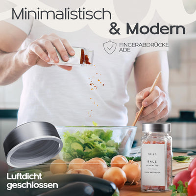 Homety Gewürzgläser Eckig - Set Edelstahl Deckel (24 Stück) - Gewürzbehälter 240 Etiketten - Gewürzdosen zur Gewürze aufbewahrung [120 ml] - Weiß