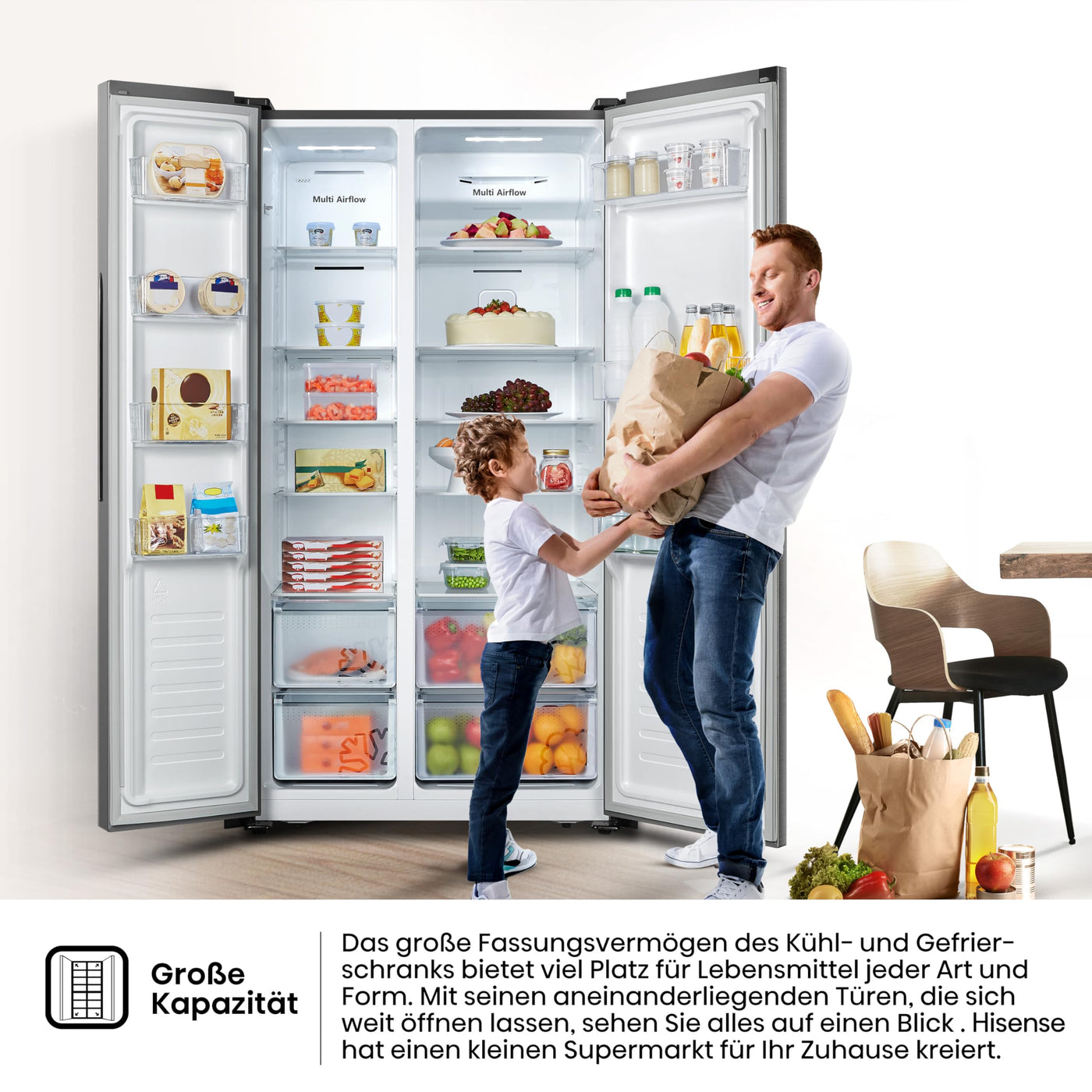 Hisense RS677N4ACC Side by Side Kühl-Gefrierkombination, 179cm, 519 Liter Gesamtkapazität, Multi Air Flow, LED Display, EEK: C, Electronic Touch Control, Inox Look