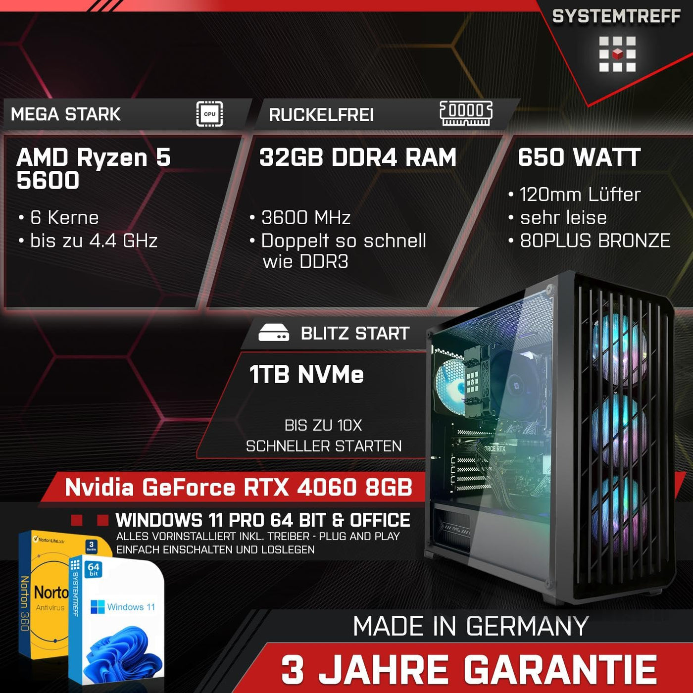SYSTEMTREFF Gaming PC AMD Ryzen 5 5600 6x4.4GHz | Nvidia GeForce RTX 4060 8GB DX12 | 1TB M.2 NVMe | 32GB DDR4 RAM | WLAN Desktop Computer Rechner für Gamer, Zocker & Streamer