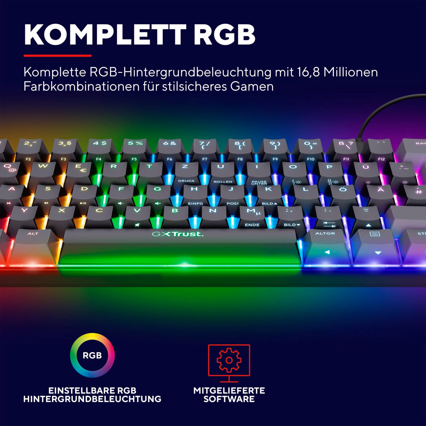 Trust Gaming GXT 867 Acira 60% Mechanische Tastatur Deutsches QWERTZ Layout, RGB Beleuchtung, Doppelt Belegte Tasten, USB Mini Tragbare Programmierbare Kleine Gaming Tastatur 60 Prozent PC Laptop