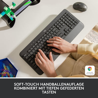 Logitech Signature K650 Comfort kabellose Tastatur mit Handballenauflage, BLE Bluetooth/Logi Bolt USB-Empfänger, Soft-Touch-Tastatur, Numpad, PC/Windows/Mac, Deutsches QWERTZ - Grau