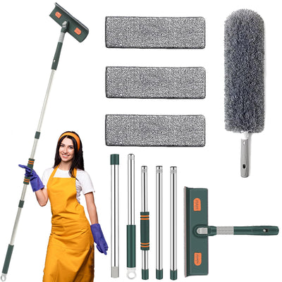 Dubest Fensterwischer mit teleskopstiel,Profi Fensterputzer Set mit 3 Mikrofaserpads und Staubwedel,180 Rotationskopf Fensterabzieher Glasreinigungswerkzeuge für Hohe Fenster im Outdoor und Zuhause