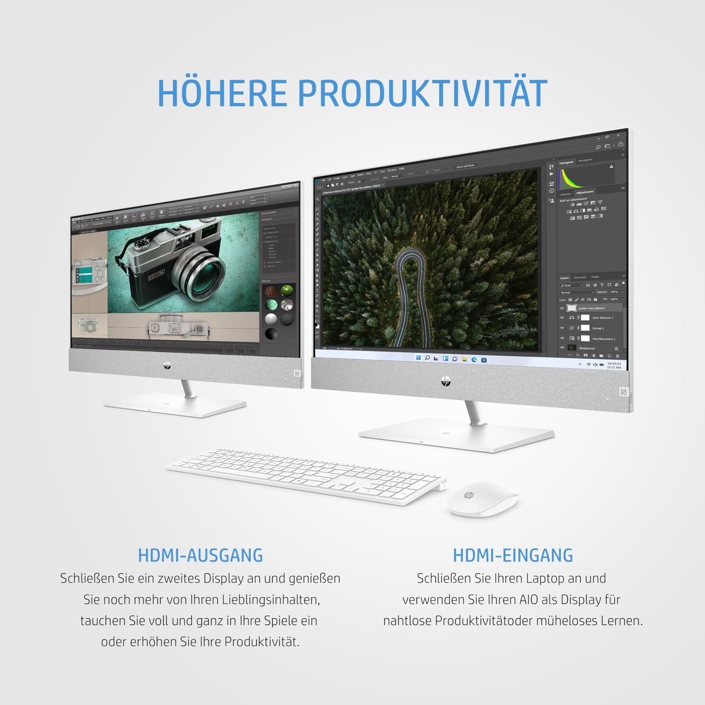 HP Pavilion All-in-One Desktop-PC, 27" QHD Display, AMD Ryzen 7 5700U, 16 GB DDR4 RAM, 1 TB SSD, AMD Radeon-Grafikeinheit, Windows 11 Home, QWERTZ, Weiß