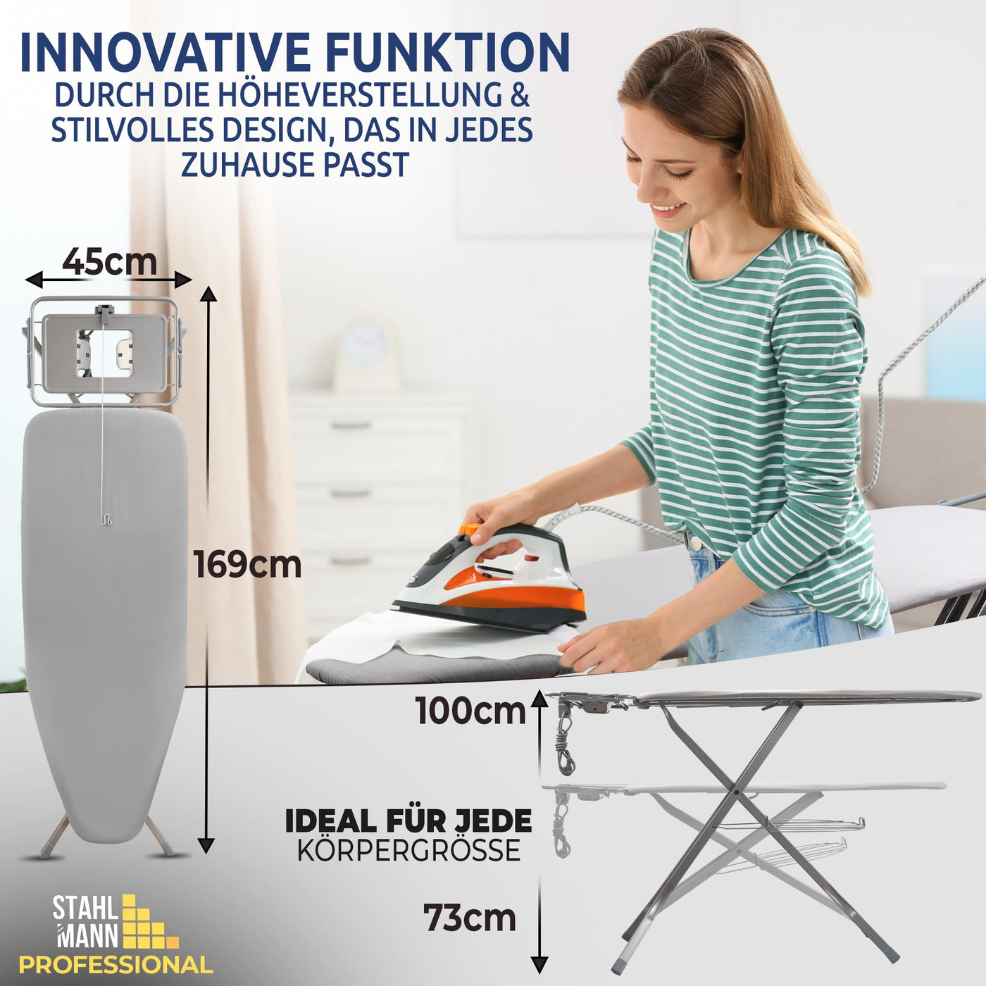 STAHLMANN ® XXL-Bügelbrett für Dampfbügelstation [130x48 Bügelfläche]– Bügeltisch [Made IN EU] – extra stabiles Bügelbrett – Bügelbrettbezug [100% Baumwolle]