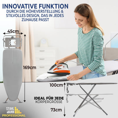STAHLMANN ® XXL-Bügelbrett für Dampfbügelstation [130x48 Bügelfläche]– Bügeltisch [Made IN EU] – extra stabiles Bügelbrett – Bügelbrettbezug [100% Baumwolle]