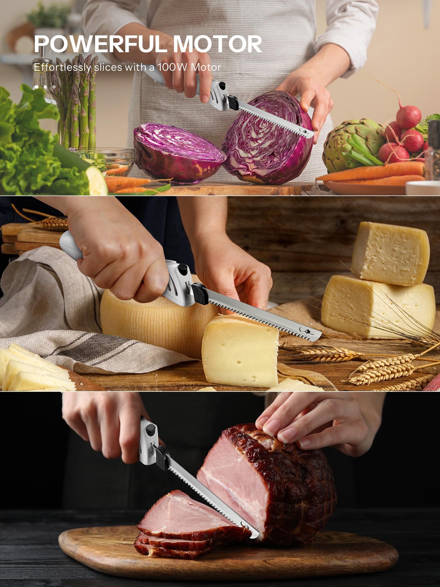 Reemix Elektromesser Küche Elektrisches Messer für Fleisch Küchenmesser Elektrisch für Brot, nutzbare Klingenlänge 15 cm, Edelstahl-Messerklingenpaare mit feiner und grober Zahnung (milchig weiß)