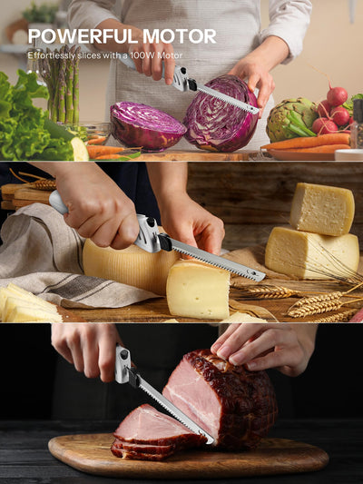 Reemix Elektromesser Küche Elektrisches Messer für Fleisch Küchenmesser Elektrisch für Brot, nutzbare Klingenlänge 15 cm, Edelstahl-Messerklingenpaare mit feiner und grober Zahnung (milchig weiß)