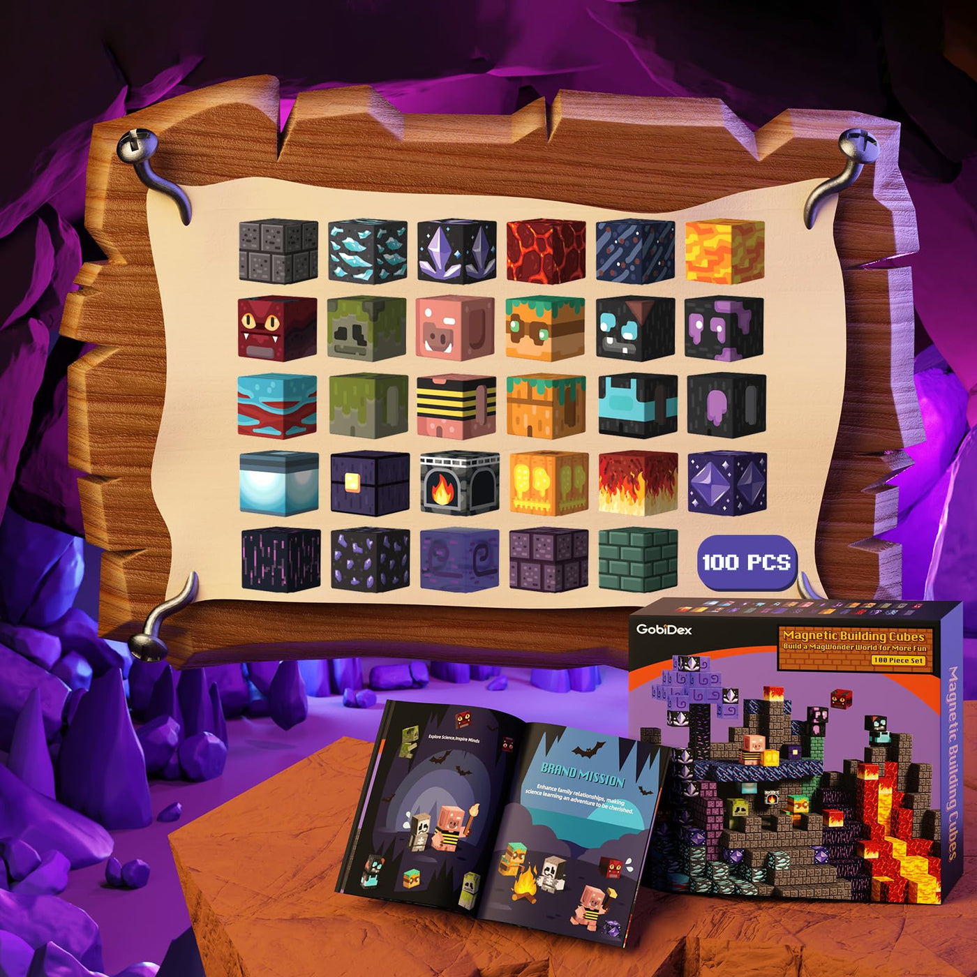 GobiDex Magnetische Bausteine Blöcke 100 Stück, MagWonder Bauen Sie mit Shadow Crypt Magnetblöcke, Game-Based STEM Montessori Spielzeug für Kinder ab 3 Jahren, Geschenk für Jungen und Mädchen