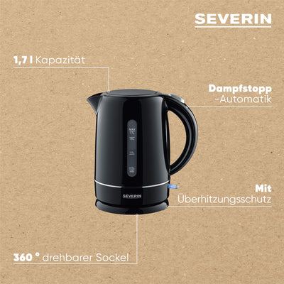 SEVERIN Wasserkocher 1,7 l, leistungsstarker und kompakter Wasserkocher in hochwertigem Design, elektrischer Wasserkocher mit Kalkfilter, schwarz, WK 4322