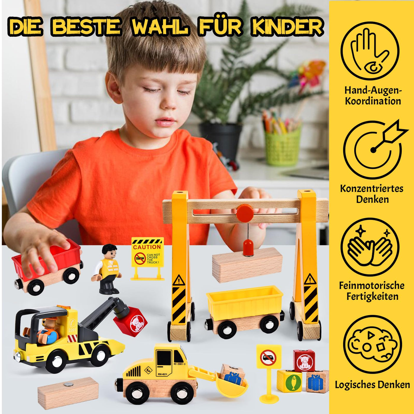 Herenear Baufahrzeuge Kinder Holzspielzeug, Baustelle Kinder, Holz Konstruktions Fahrzeuge Geschenk, Baukästen aus Holz mit Portalkran, Kranwagen, Straßenwalze, Kran, Bagger Spielzeug