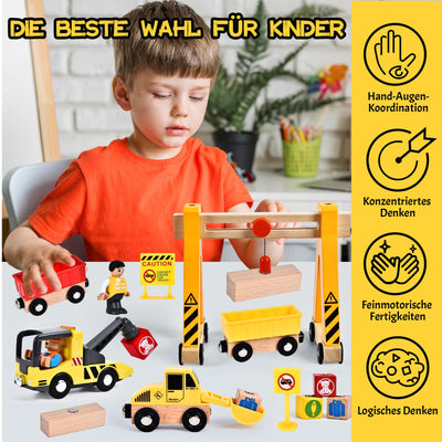 Herenear Baufahrzeuge Kinder Holzspielzeug, Baustelle Kinder, Holz Konstruktions Fahrzeuge Geschenk, Baukästen aus Holz mit Portalkran, Kranwagen, Straßenwalze, Kran, Bagger Spielzeug
