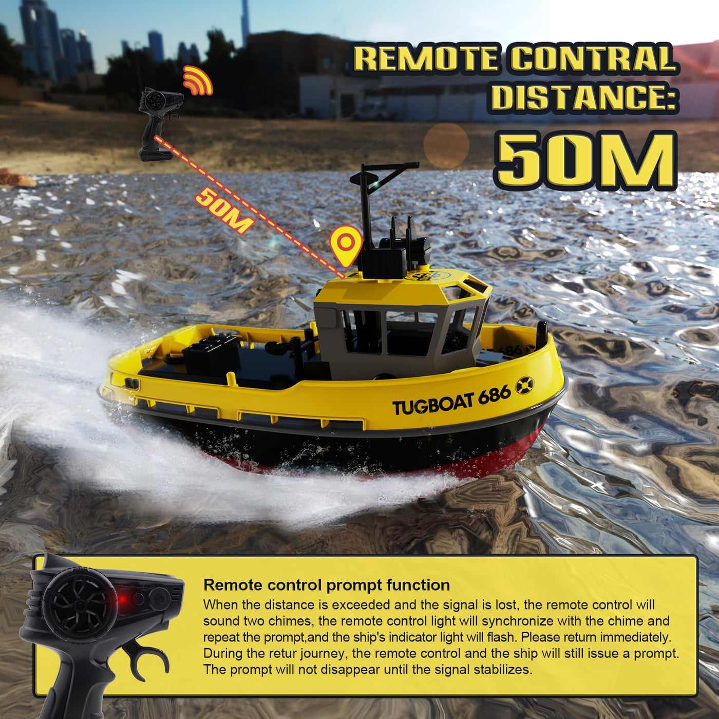 tech rc 1:72 Ferngesteuertes Boot mit 2 Akku(3.7V 600mAh), 2.4Ghz Rc Boot 10km/h 40Mins Laufzeit, Tugboat mit dekorativen Teilen für Kinder für Schwimmbäder und Seen (Gelb)
