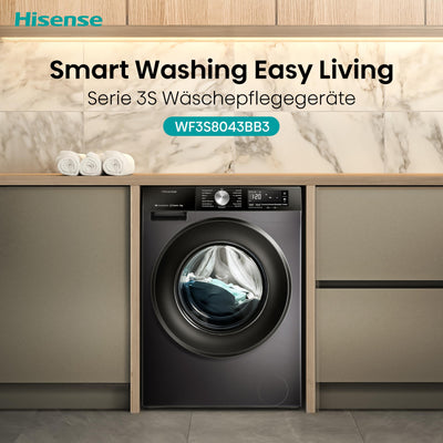 Hisense WF3S8043BB3 Waschmachine mit Dampffunkunktion, 8 kg, 1400 U,min, WIFI, ConnectLife, Power JetWash, Anti-Allergie Programm, Aqua Stop, Auto Wash, Quick Wash, EEK A-30 Prozent