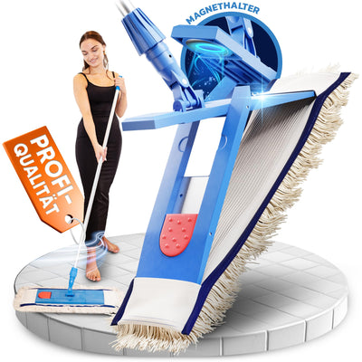 VIOVIE Premium WISCHER Set 50CM | Baumwoll-Wischmopp | 140 cm Alustiel | Magnethalter mit 1 klick System für einfaches Wechseln | Ergonomisch, rückenschonend & langlebig | Für alle Böden geeignet
