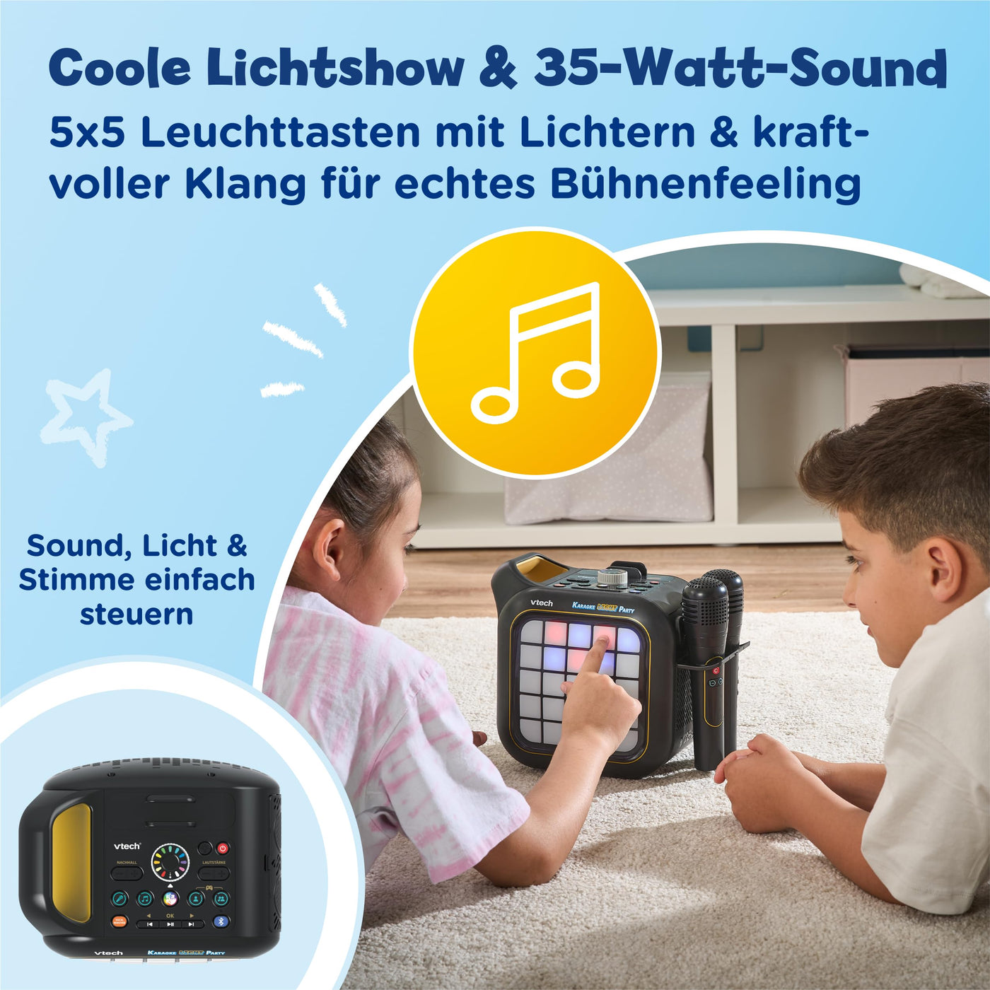 Vtech Karaoke Light Party – Karaokemaschine für Kinder mit 2 kabellosen Mikrofonen, Lichtshow, Bluetooth, 40W Lautsprecher, Spiele & Gesangseffekten