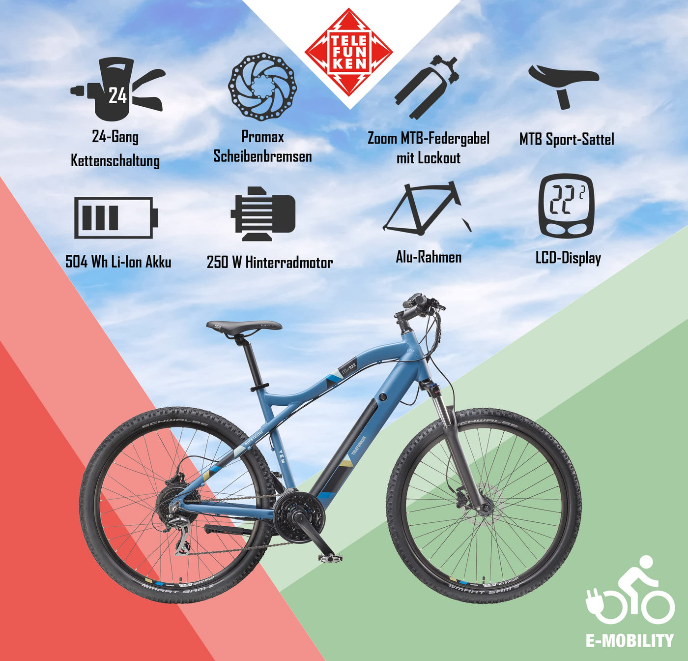 TELEFUNKEN E-Bike Mountainbike Elektrofahrrad Alu, 24 Gang Kettenschaltung - Pedelec MTB 27,5 Zoll, Hinterradmotor 250W, Scheibenbremsen, Fahrradschloss, Aufsteiger M922