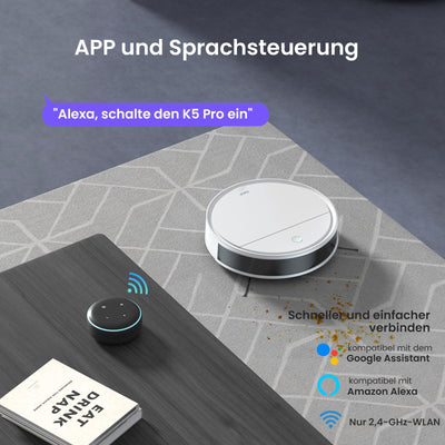 OKP Saugroboter, 5000Pa Staubsauger Roboter mit Präzise Entfernungsnavigation, 180Mins, HEPA-Filter, WLAN Roboterstaubsauger, Ideal für Tierhaare, Teppiche, Hartböden K5P